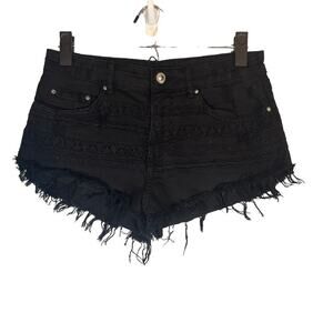 BSKGirl x Bershka Women’s Black Embroidered Denim Shorts Fringe Raw Hem Size 4